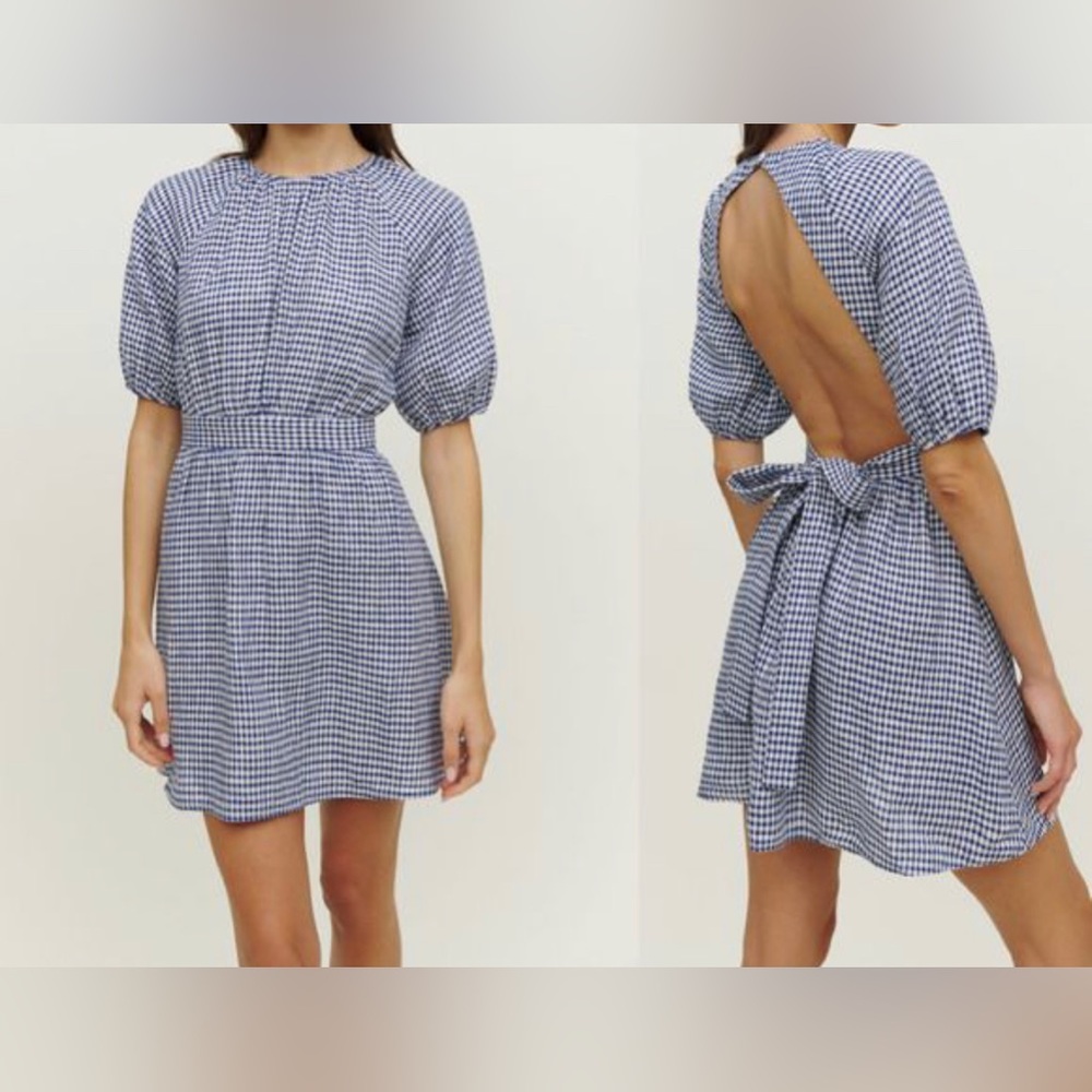 Reformation | Irwin Blue Gingham Open Back Linen Dress